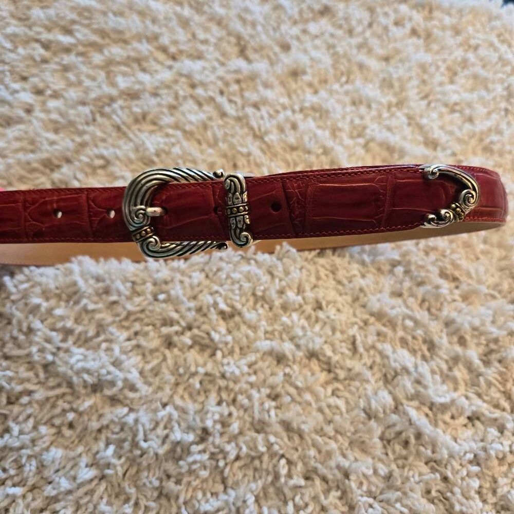 Brighton Red Leather Croc Embossed Belt Silver with Gold Accent Hardware Medium - Picture 5 of 6
